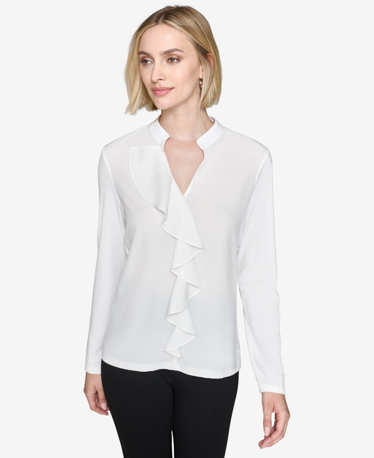 Karl Lagerfeld Paris Womens Ruffled Long Sleeve Blouse Soft White