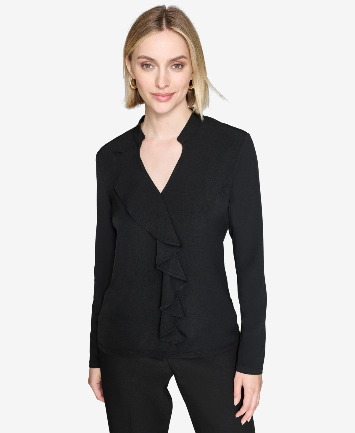Karl Lagerfeld Paris Womens Ruffled Long Sleeve Blouse Black