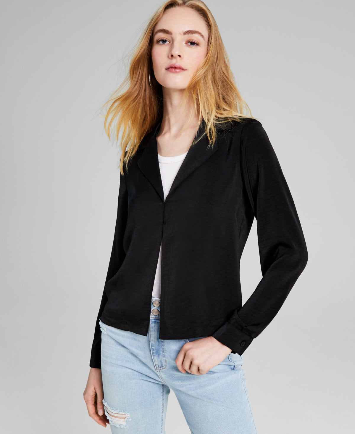 And Now This Women's Notch Collar Long Sleeve Shirt Jacket Black Size Large