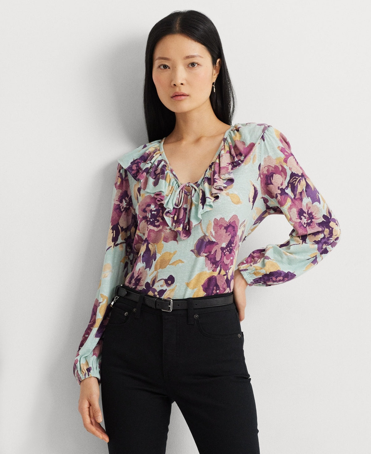 Lauren Ralph Lauren Womens Ruffled Blouson Sleeve Tie Neck Top Light Green Multi