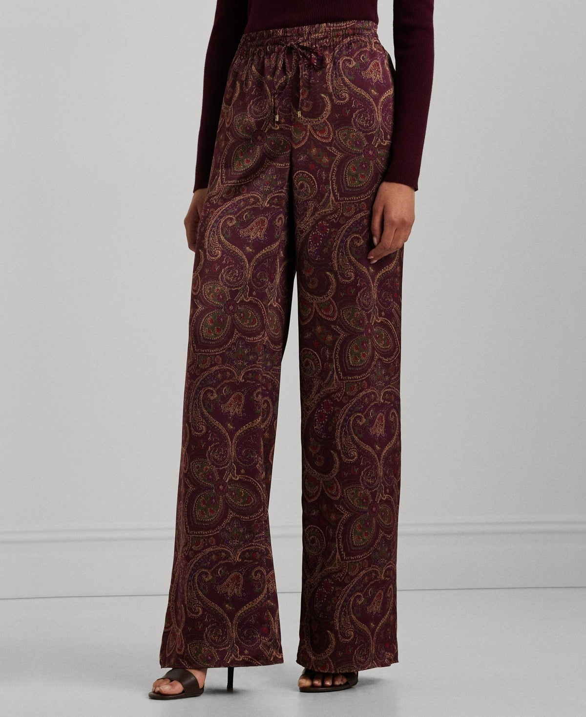 Lauren Ralph Lauren Womens Paisley Satin Charmeuse Wide Leg Pants Red