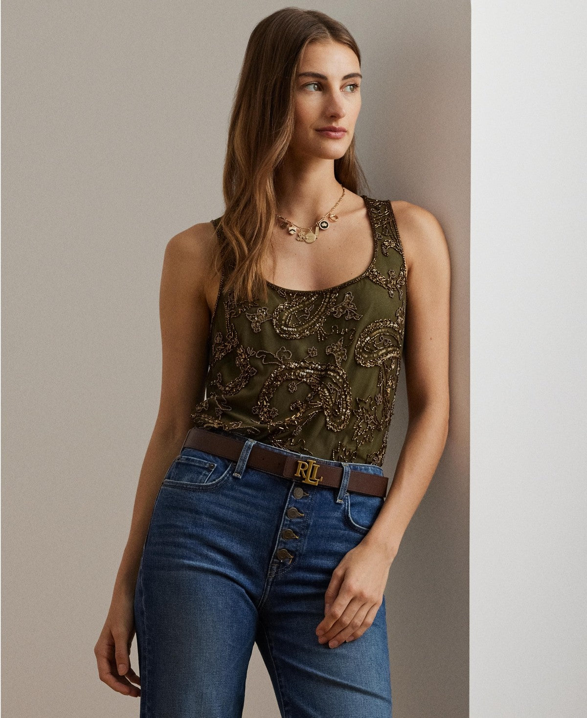 Lauren Ralph Lauren Womens Embellished Mesh Tank Top Dark Green