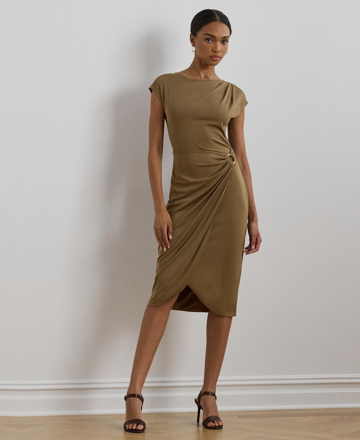 Lauren Ralph Lauren Womens Ring Trim Jersey Cap Sleeve Sheath Dress Honey Tan