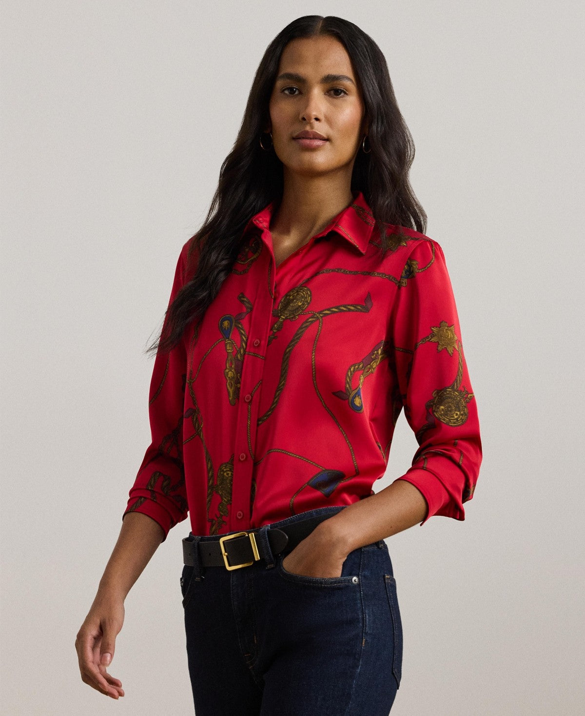 Lauren Ralph Lauren Womens Classic Fit Print Satin Charmeuse Shirt Red Multi