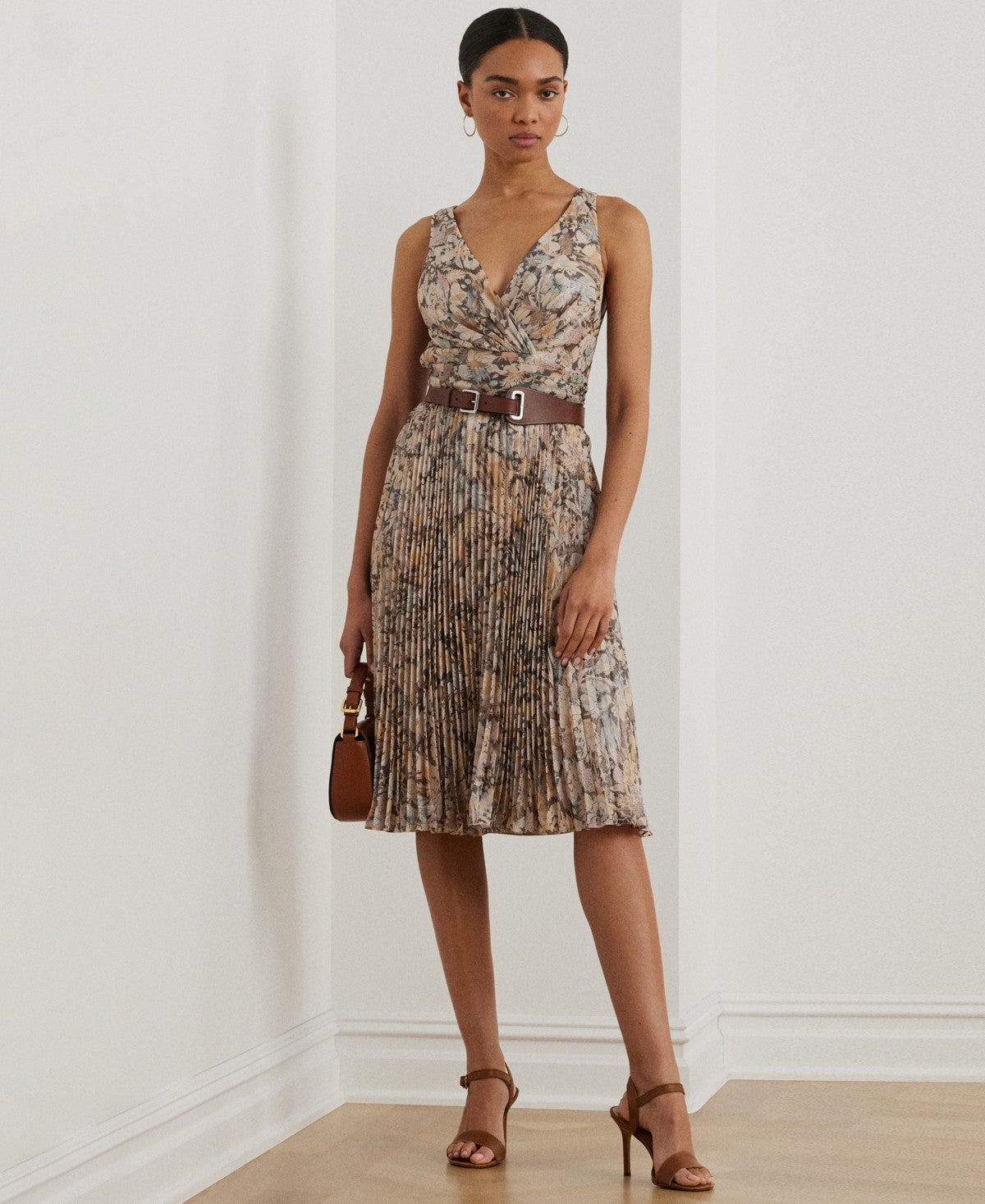 Lauren Ralph Lauren Womens Floral Metallic Chiffon Cocktail Dress Brown Multi