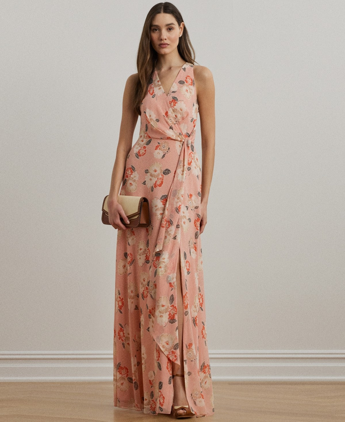 Lauren Ralph Lauren Womens Floral Ruffle Trim Georgette Gown Pink Multi