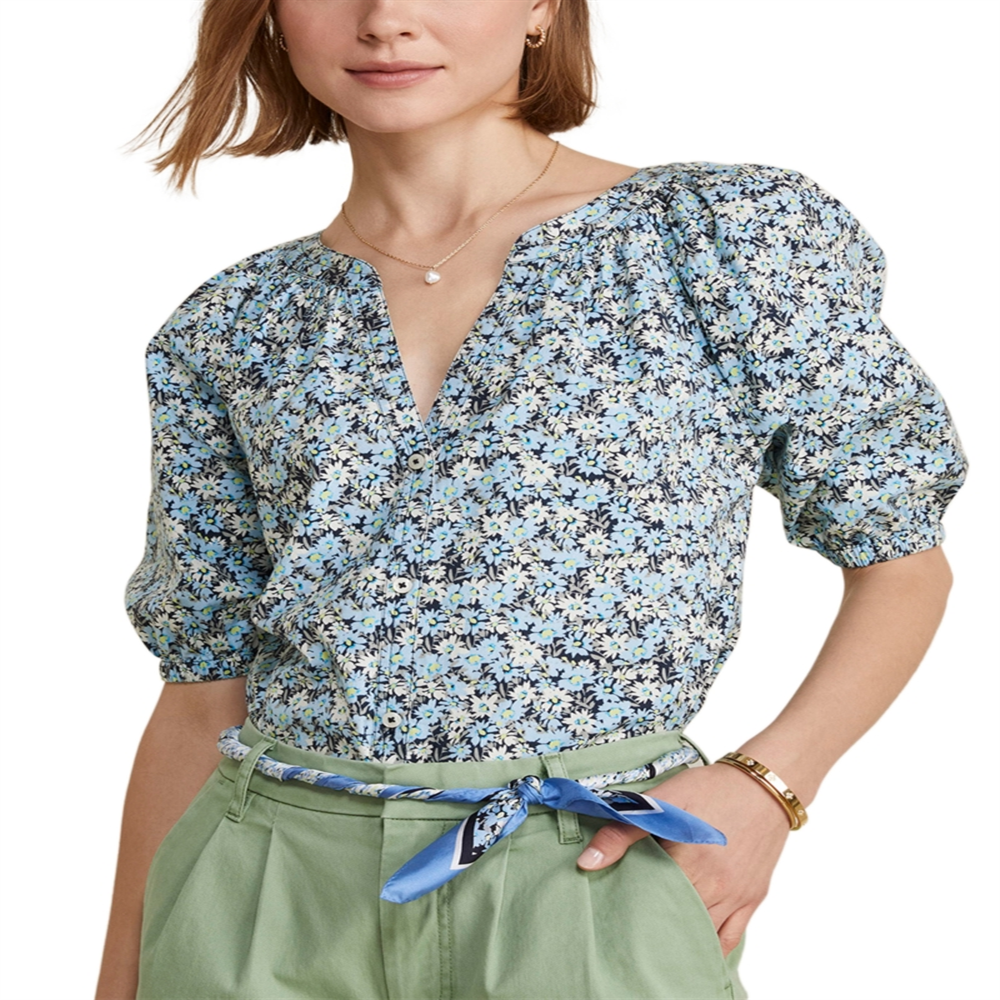 Vineyard Vines Puff Sleeve Button Front Top Blue