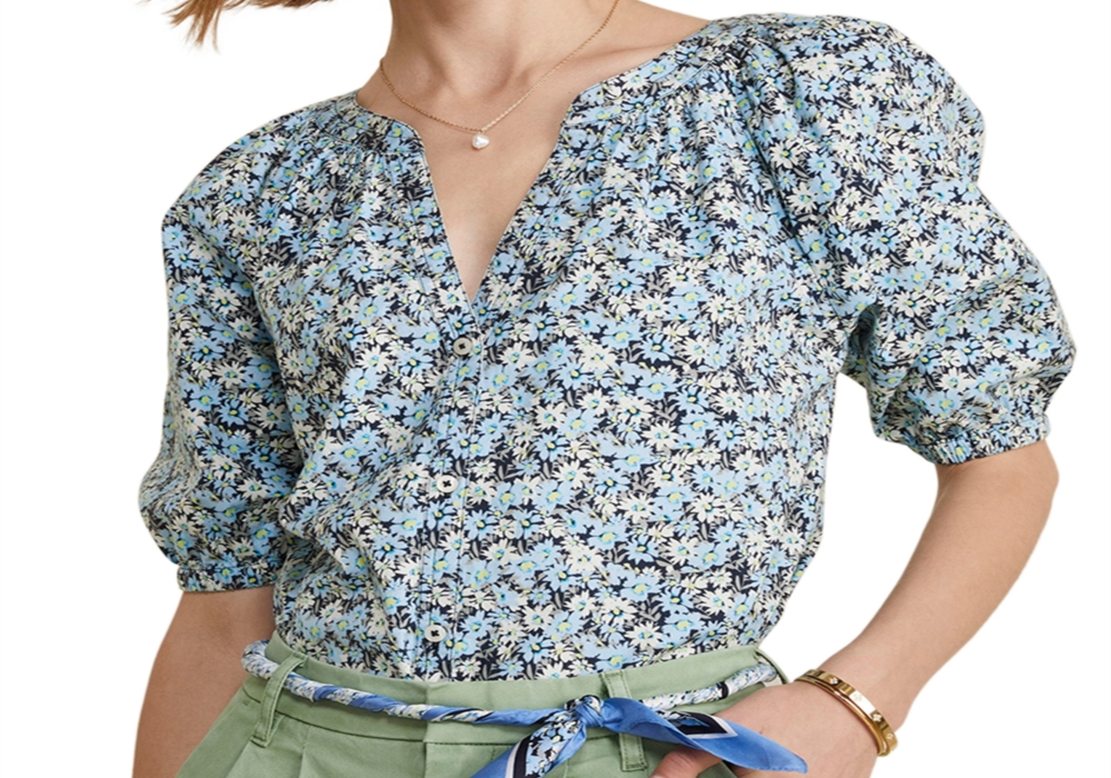 Vineyard Vines Puff Sleeve Button Front Top Blue