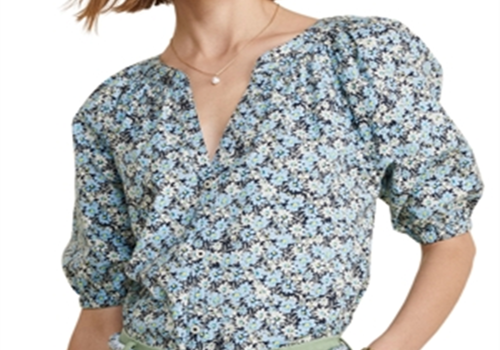 Vineyard Vines Puff Sleeve Button Front Top Blue