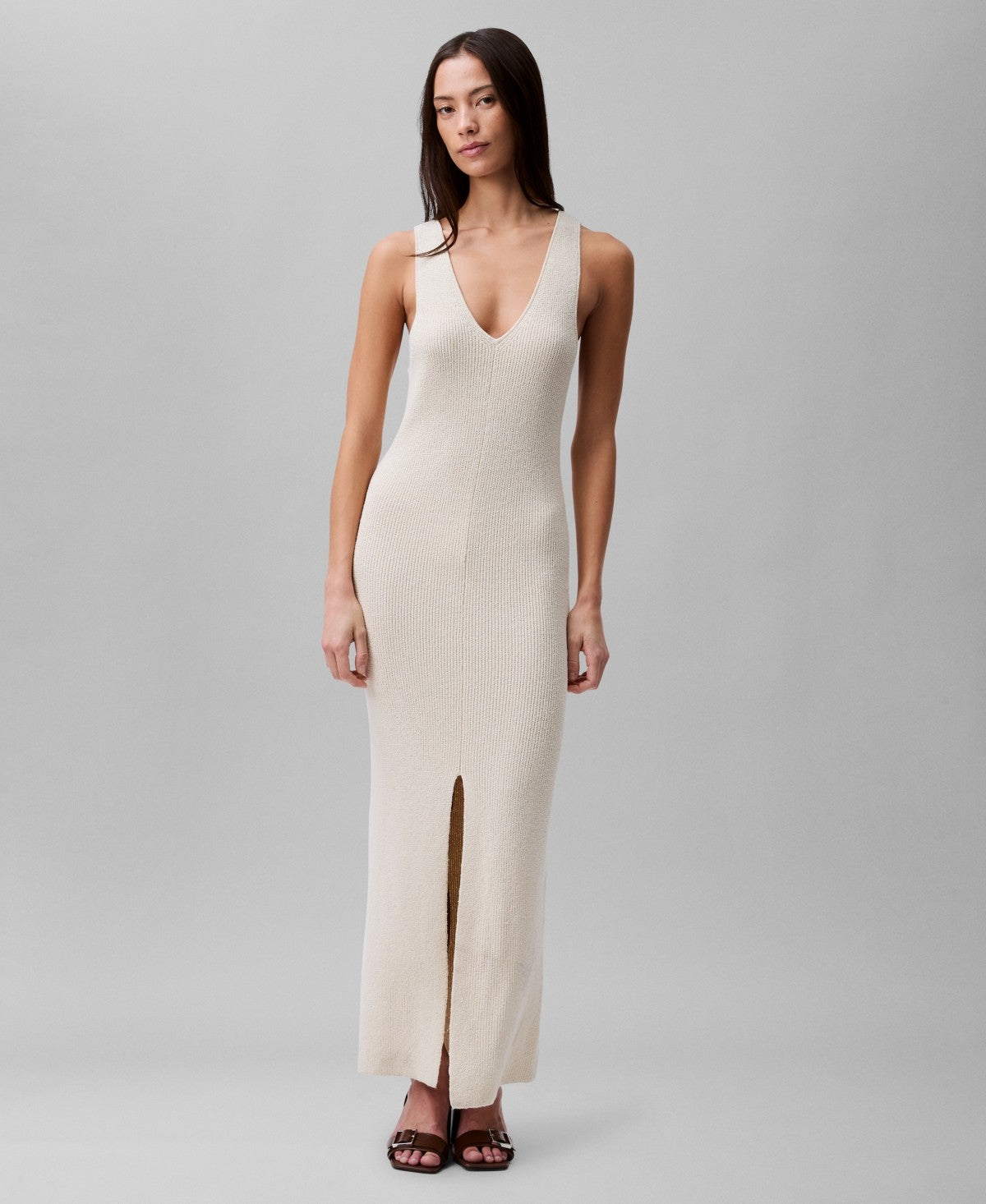 Calvin Klein Womens Boucle Rib Sleeveless Midi Dress White L