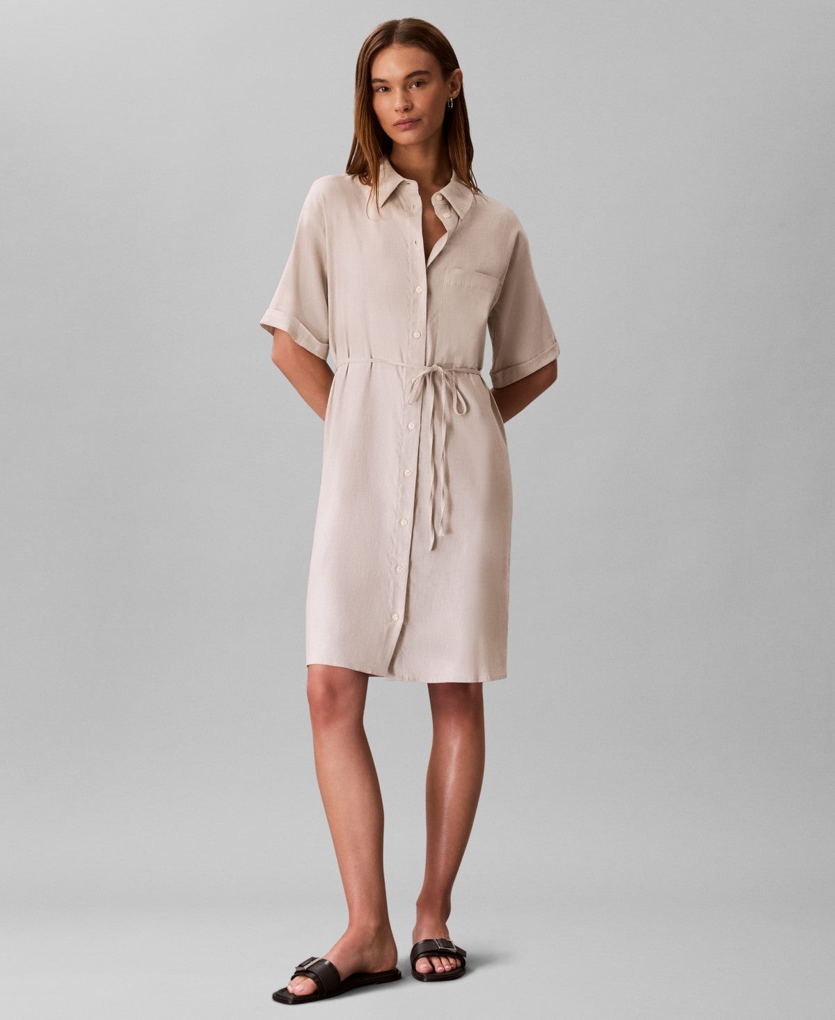 Calvin Klein Womens Tie Waist Shirtdress Antique White