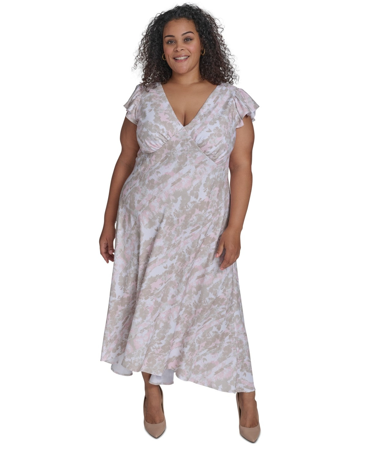 Calvin Klein Plus Size Printed Flutter Sleeve Maxi Dress Stony Beige Multi