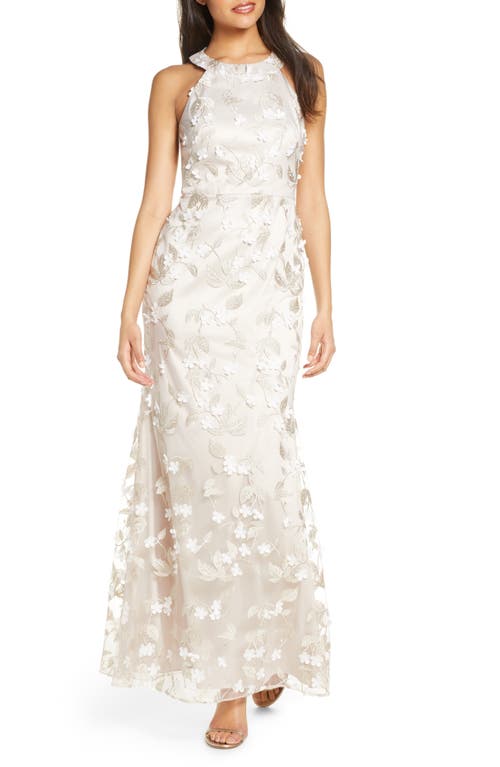 Eliza J Floral Appliqué Trumpet Gown in BeigeWhite