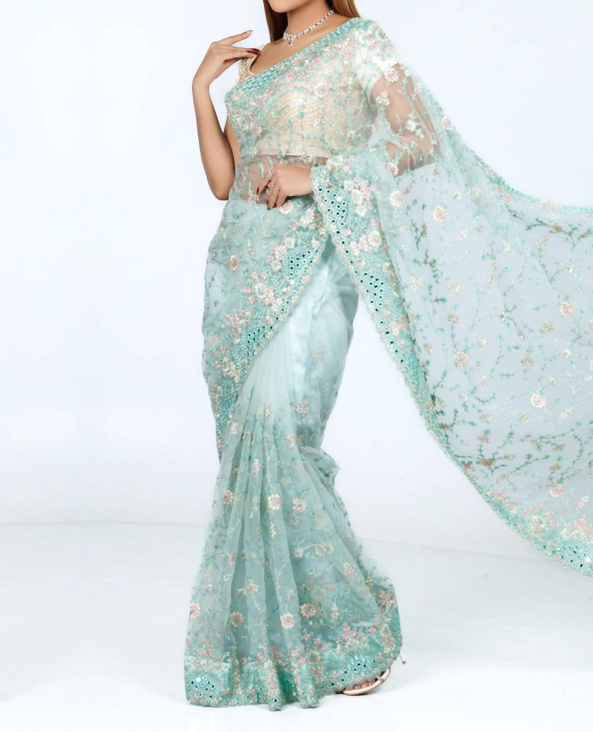 Zaalima Fashion - Mint Green Hand-embroidered Organza Saree