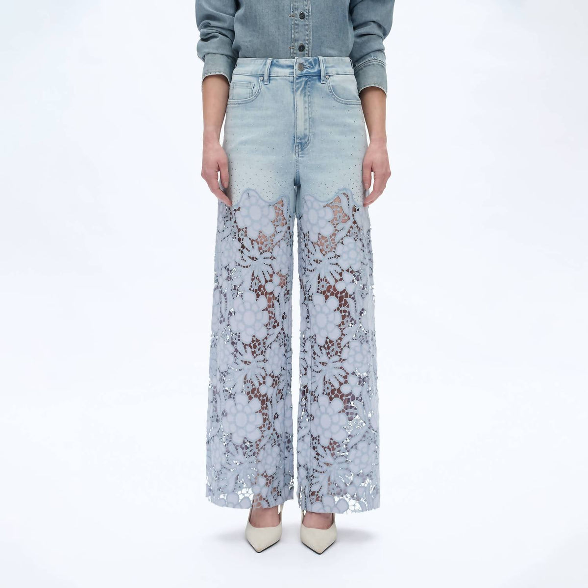 Bayeas - Rhinestone Patchwork Wide Leg Jeans
