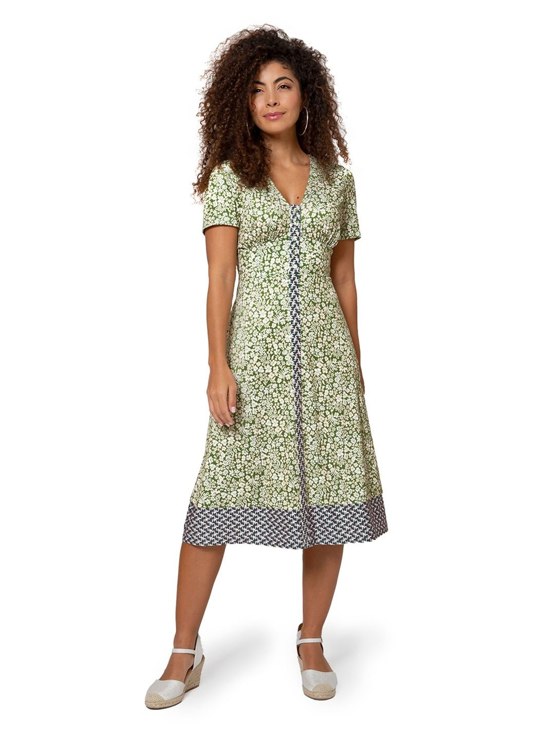 Leota Women's Francesca Floral MIDI Dress Green Size Large