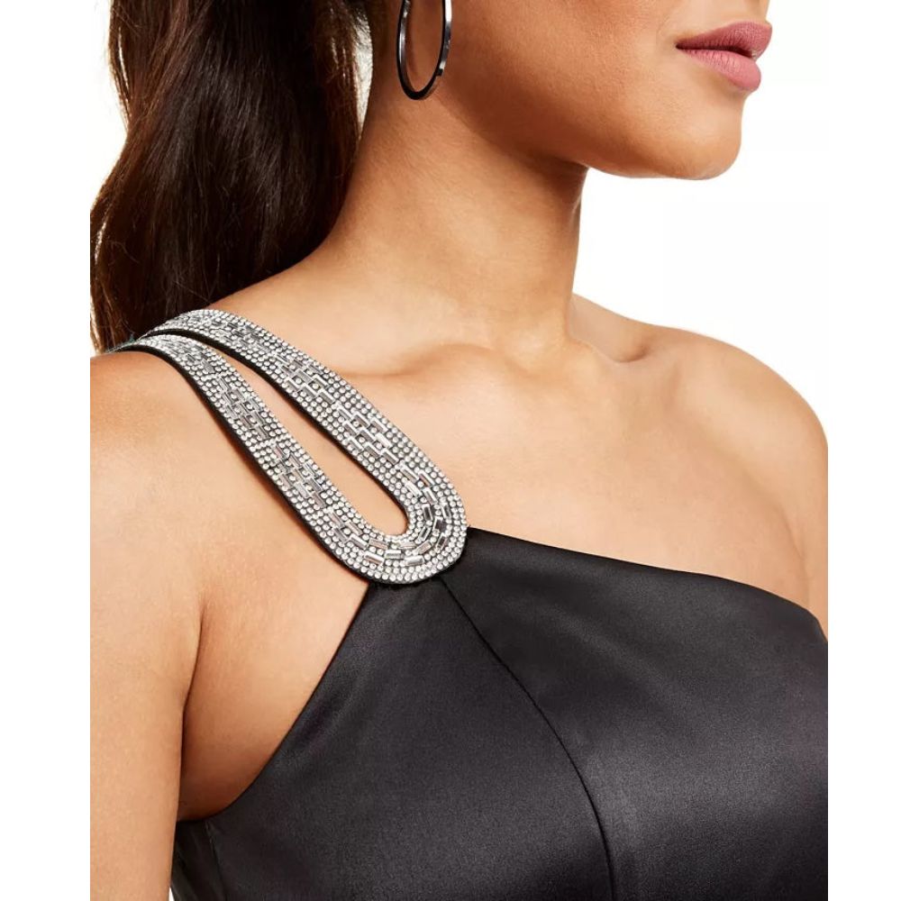 Sequin Hearts Juniors' Embellished One-Shoulder Satin Dress Black Size 7