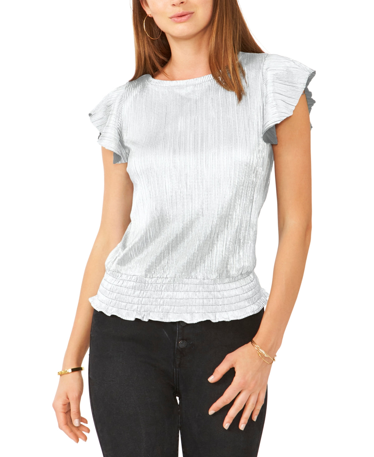 Sam & Jess Petite Metallic Flutter-Sleeve Smocked-Hem Top