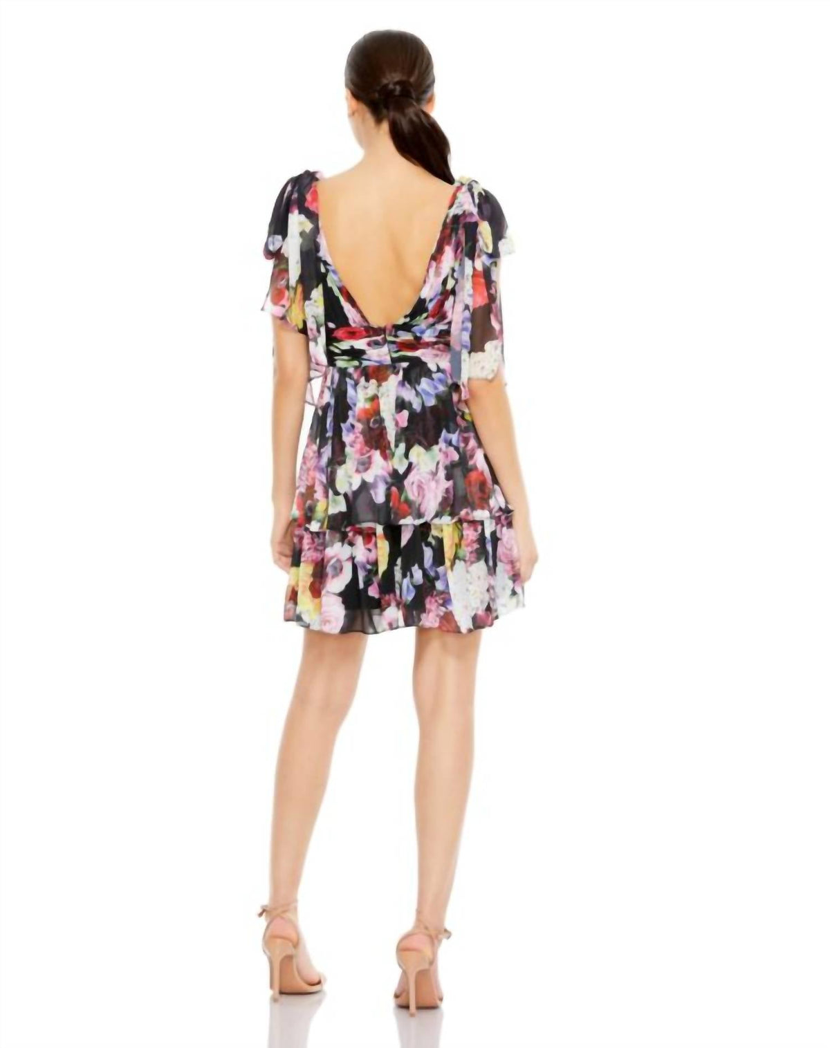 Ieena For Mac Duggal - Floral Bow Strap V-neck Mini Dress