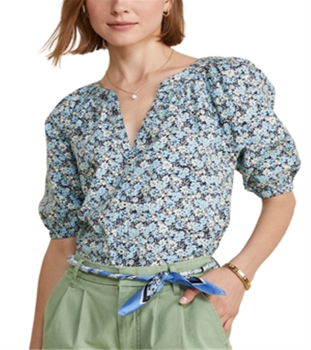 Vineyard Vines Puff Sleeve Button Front Top Blue