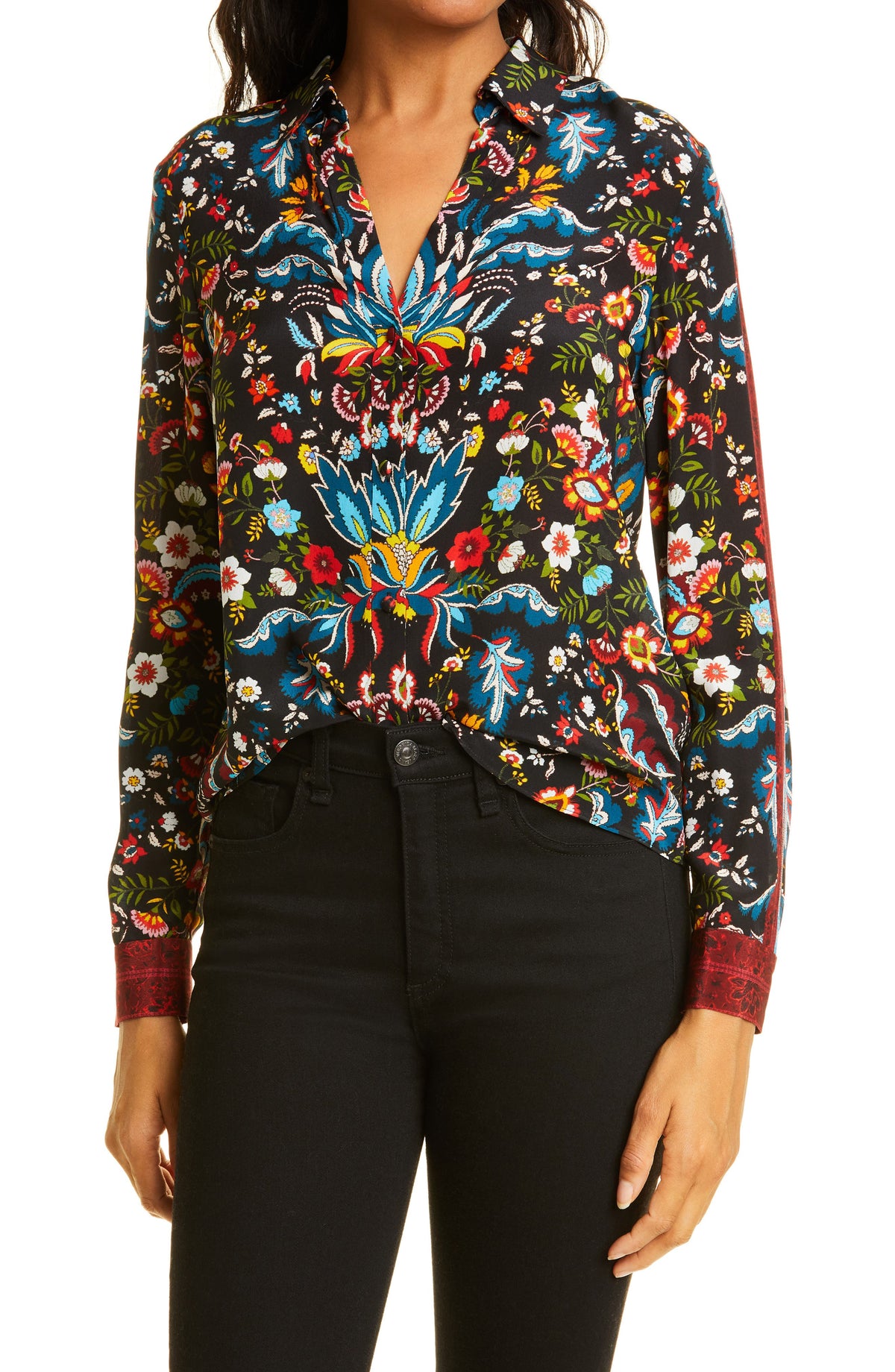 Alice + Olivia Eloise Button-Up Silk Blouse in Santa Monica Multi, Size X-Small