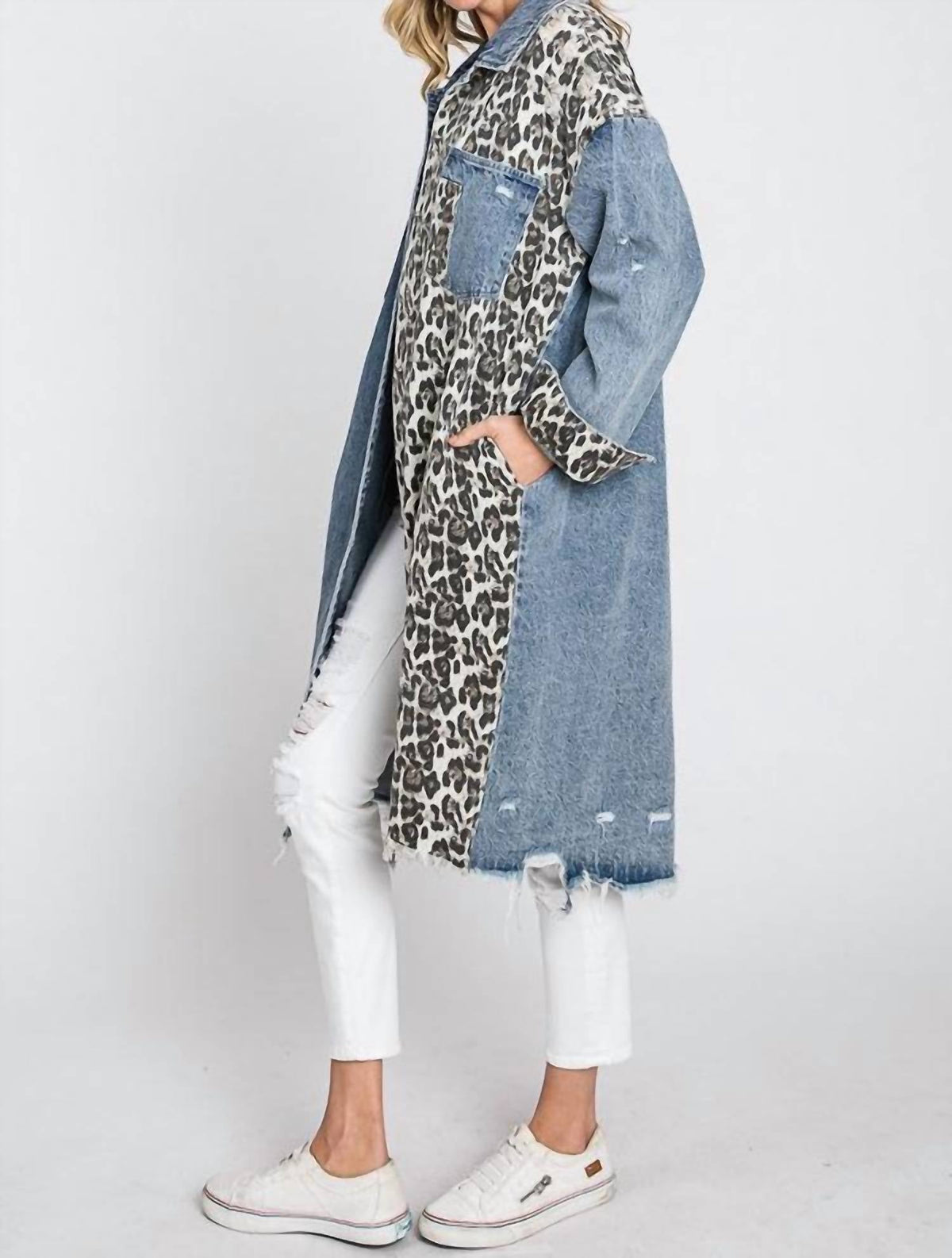 Oli & Hali - Long Color Block Leopard Denim Jacket