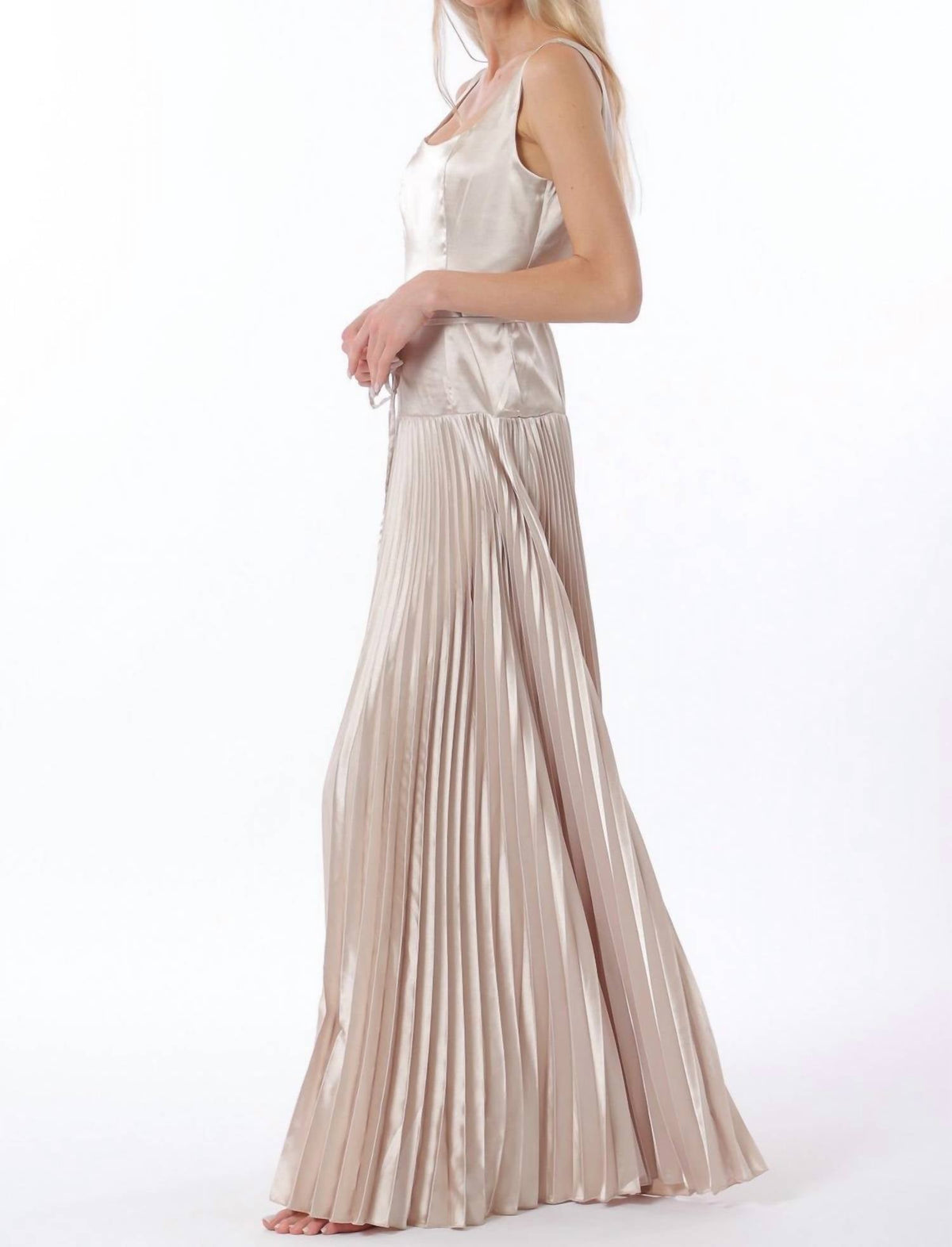 Aakaa - Sleeveless Tie Front Waisted Pleat Maxi Dress