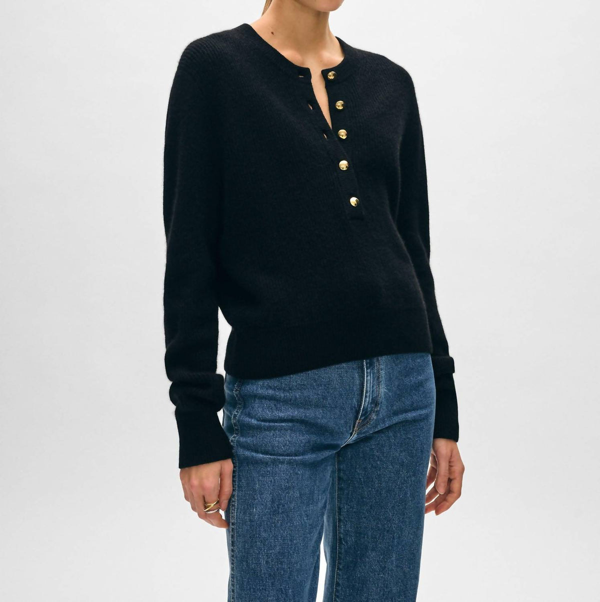 White + Warren - Cashmere Ribbed Gold Button Henley