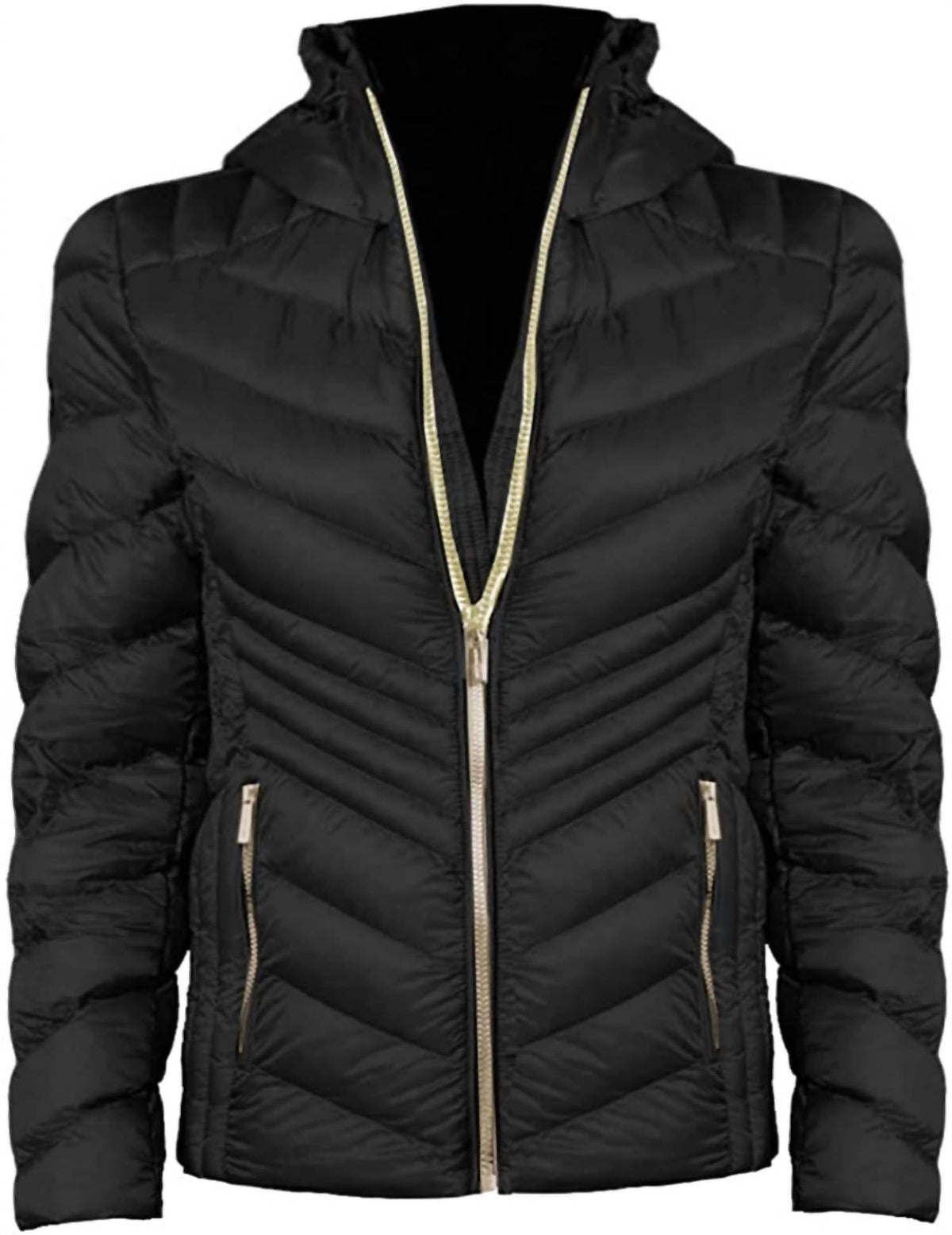 Michael Kors - Women's Chevron Double Layer Zipper 3/4 Hooded Packable Coat