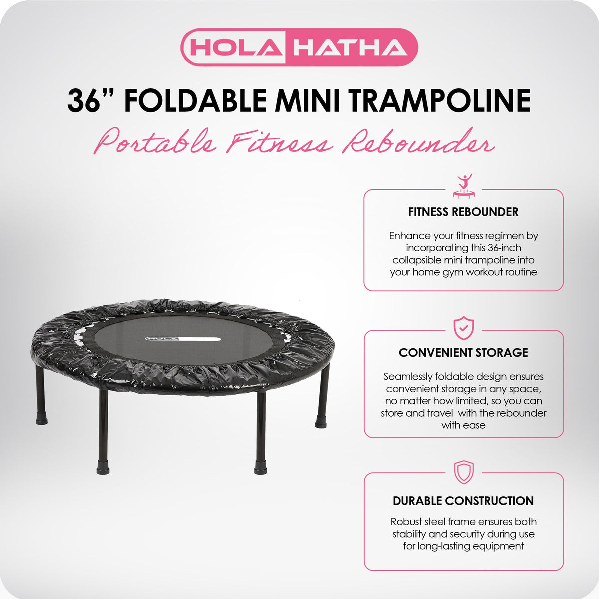 HolaHatha Foldable Mini Trampoline, 36" Round Portable Fitness Rebounder, Black