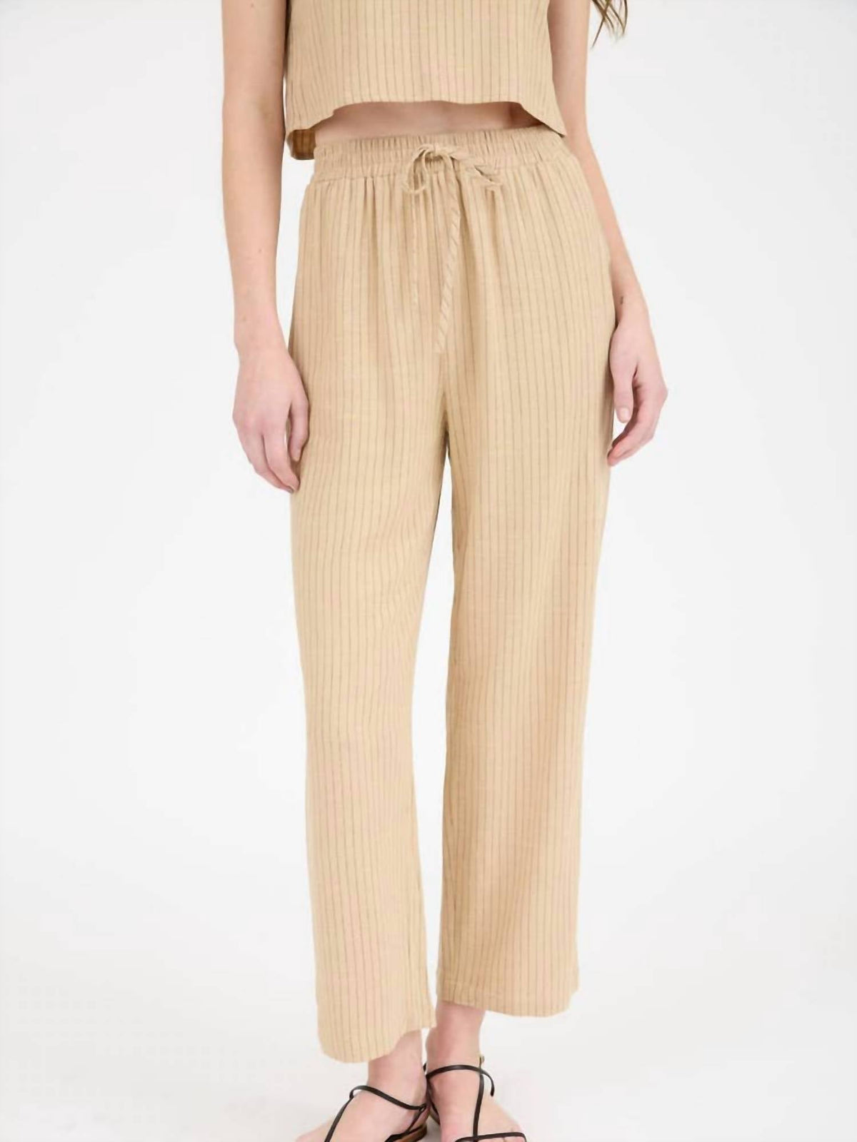 Blu Pepper - Pinstripe Drawstring Straight Leg Linen Pants
