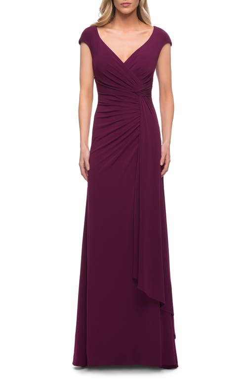 La Femme Ruched Jersey Sheath Gown in Dark Berry, Size 6