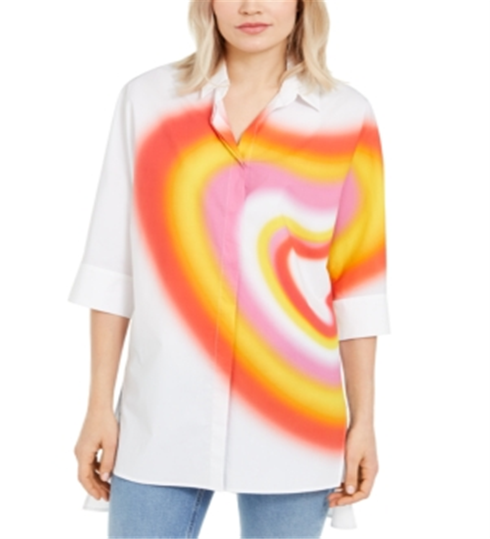 Escada Women's Cotton Printed Tunic Shirt White Size 44