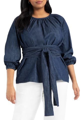 ELOQUII Women's Plus Size Dramatic Faux Wrap Top - 24, Dark Wash