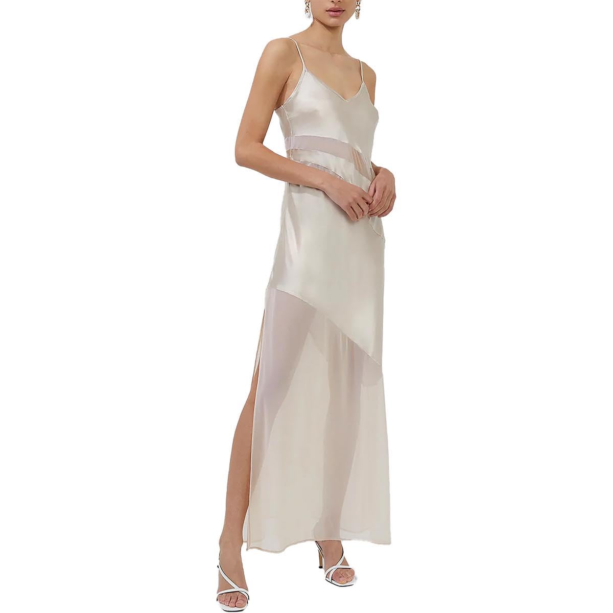 French Connection Womens Satin Mesh Slip Dress Beige 6, Wild Wheat