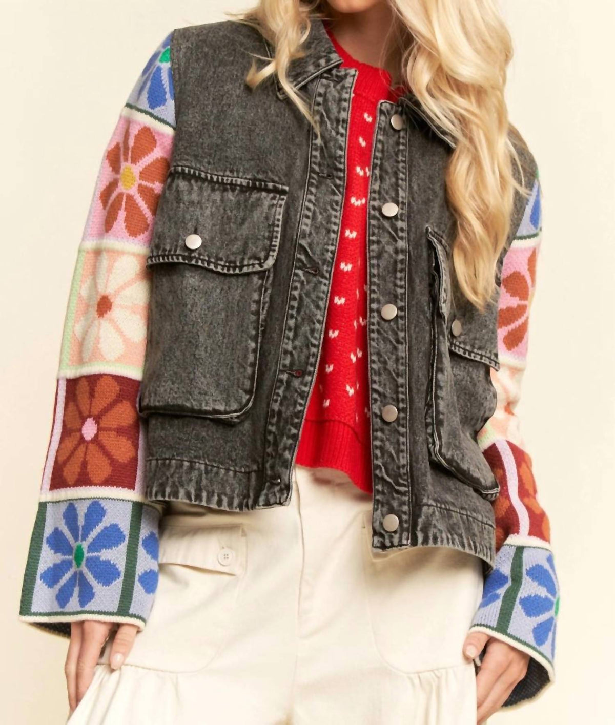 Davi & Dani - Patch Design Knit Sleeve Button Front Denim Jacket