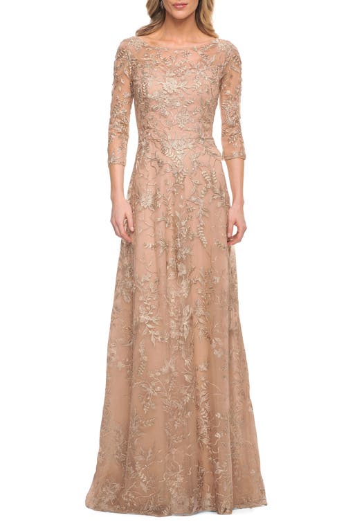 la-femme-three-quarter-sleeve-light-gold-gown