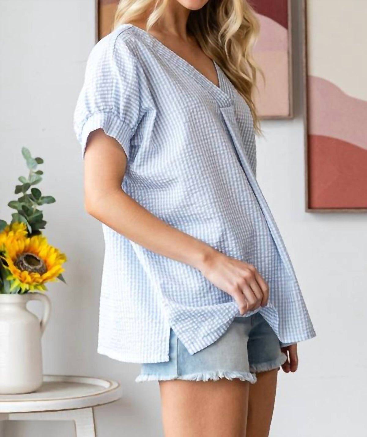 7Th Ray - Gingham V-neck Short Sleeve Blouse