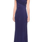 La Femme Ruched Jersey Column Gown in Navy, Size 12