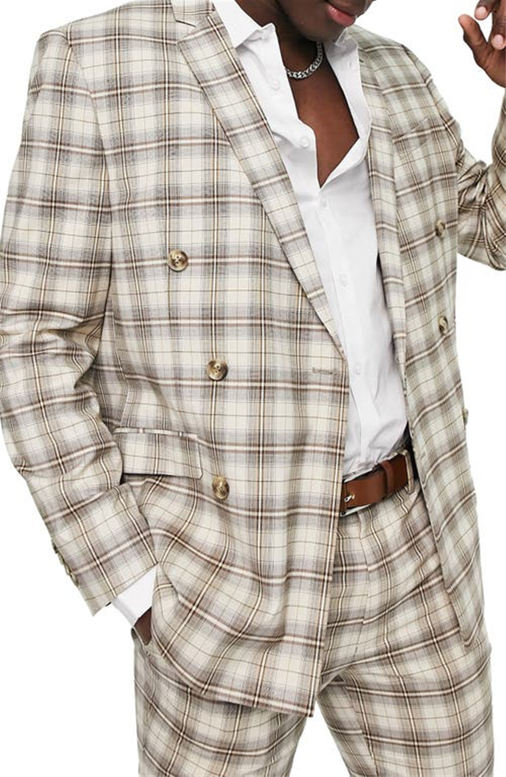 Topman Plaid Double Breasted Jacket In Tan Size 38