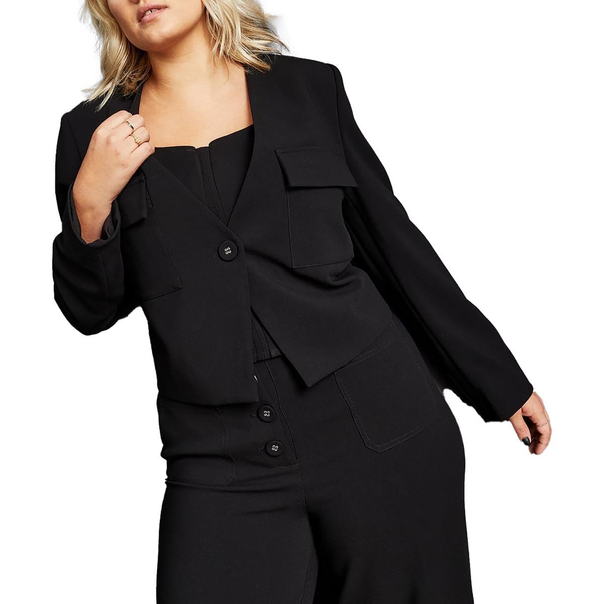Royalty By Maluma Womens Collarless Suit Separate One-Button Blazer Black M