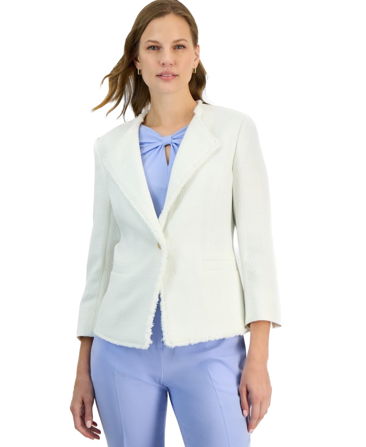 Kasper Textured One Button Wing Lapel Fringe Blazer