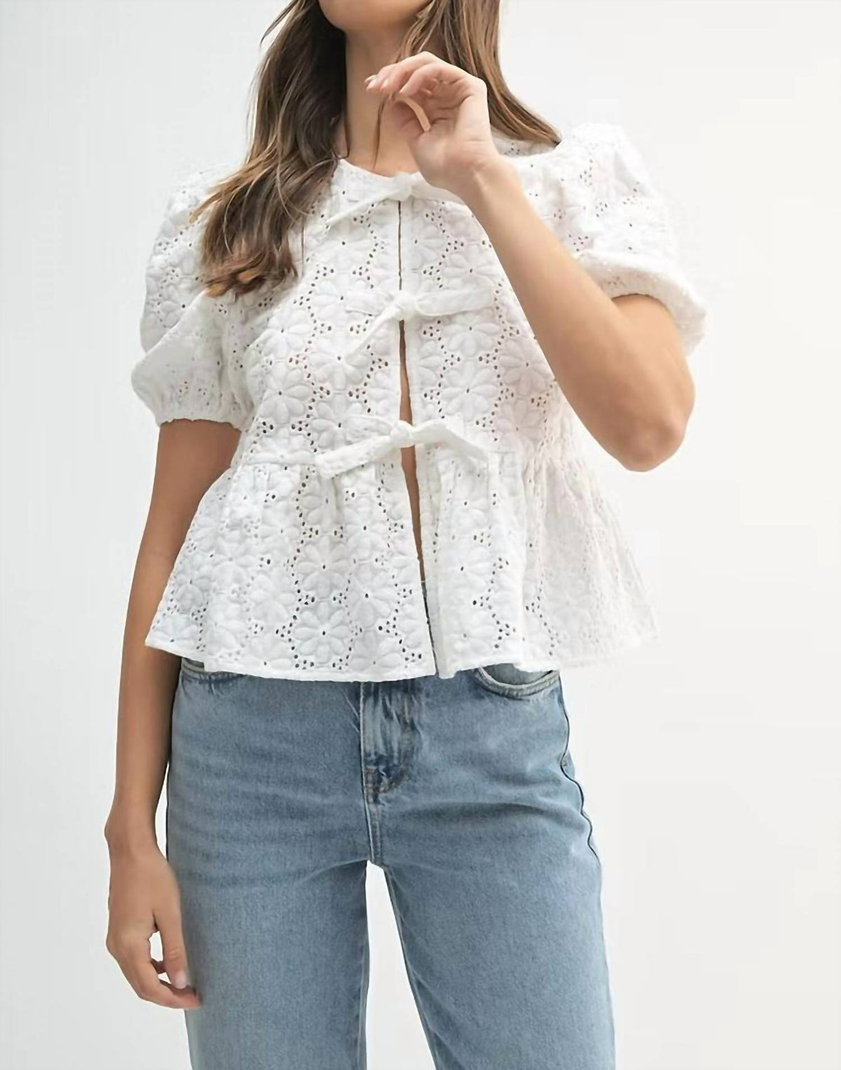 Mable - Eyelet Puff Sleeve Front Tie Peplum Top