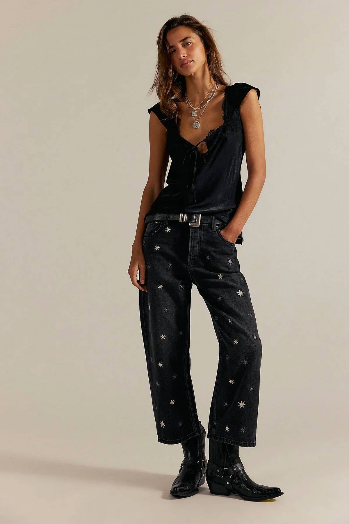 Free People - Deep Trance Shine Embroidered Boyfriend Jeans