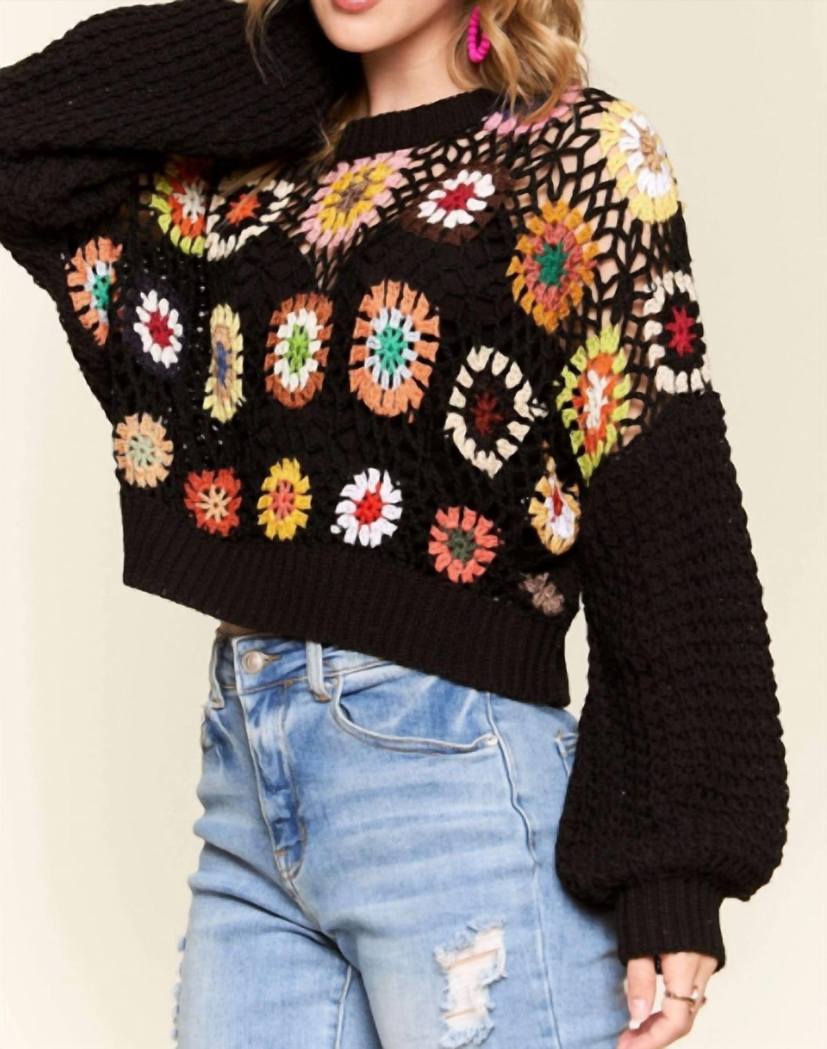 Adora - Crochet Crop Sweater Knit Top