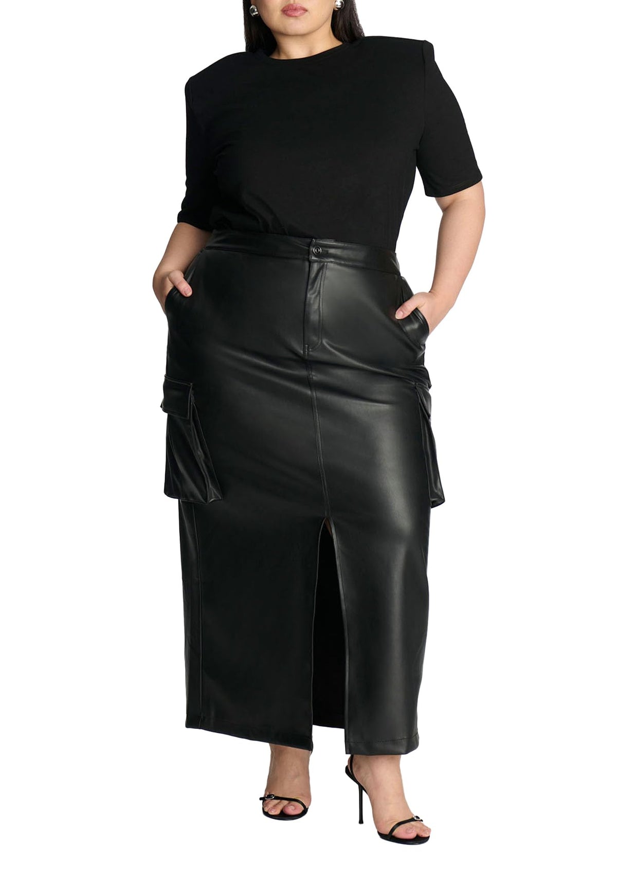 ELOQUII Women's Plus Size Maxi Cargo Faux Leather Skirt - 24, Black Onyx