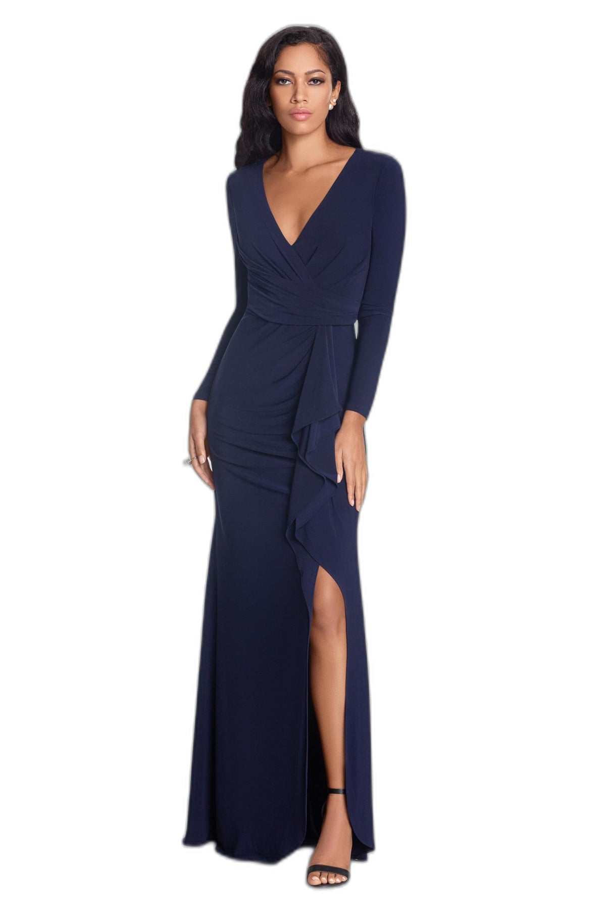 Betsy & Adam Women's Long Sleeve Stretchy V-Neck Wrap Gown with Cascade Slit, Navy, 14