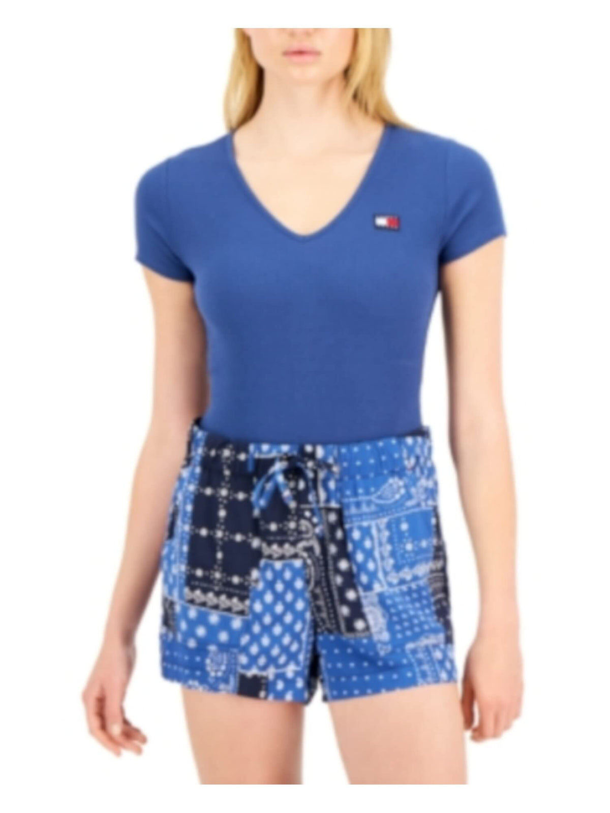 Tommy Jeans Womens Blue Stretch Ribbed Snap-Closure at Gusset Short Sleeve V Neck Body Suit Top XXS