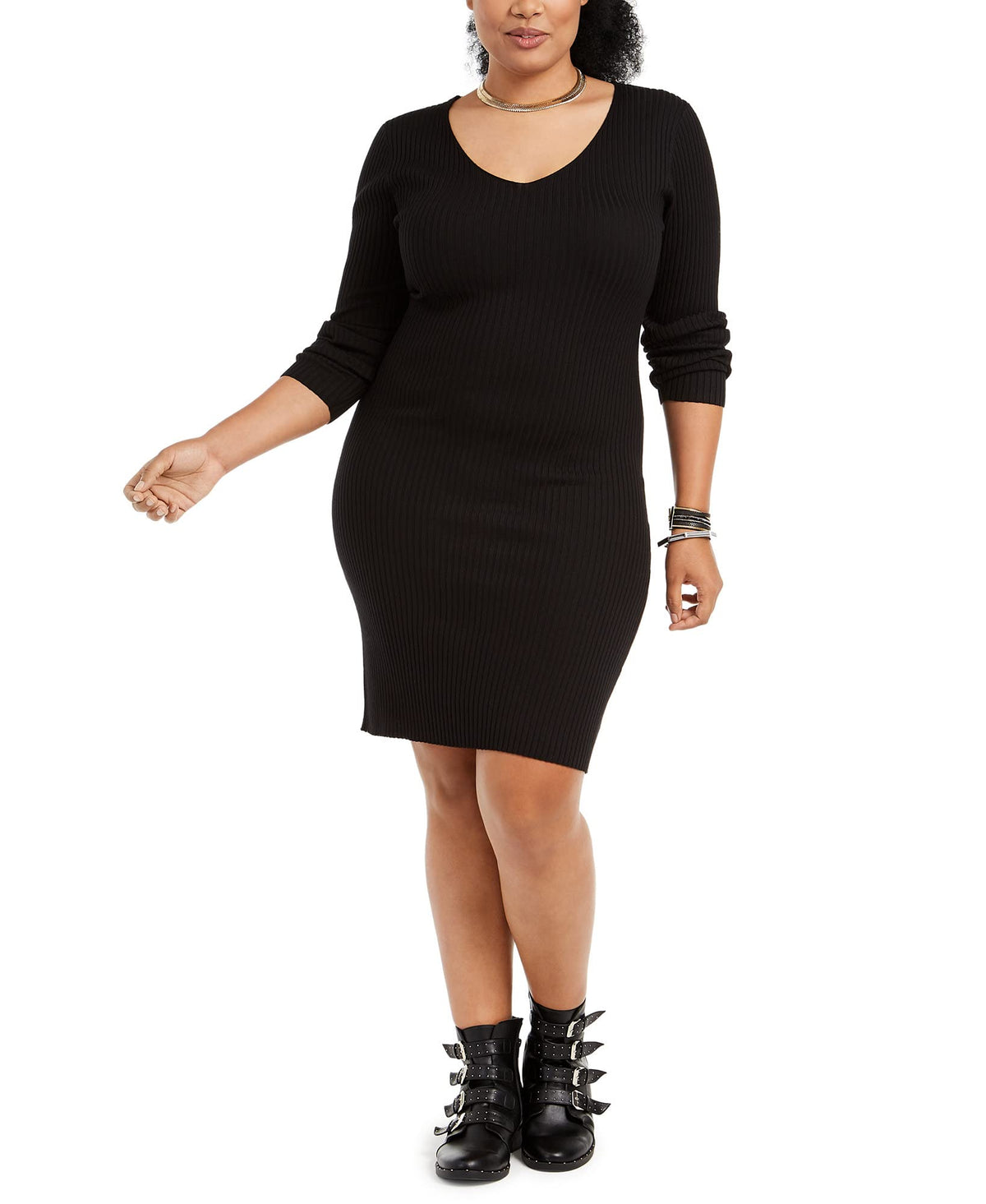 Planet Gold Womens Plus Ribbed Knit Lace-Up Sheath Dress Black 2X