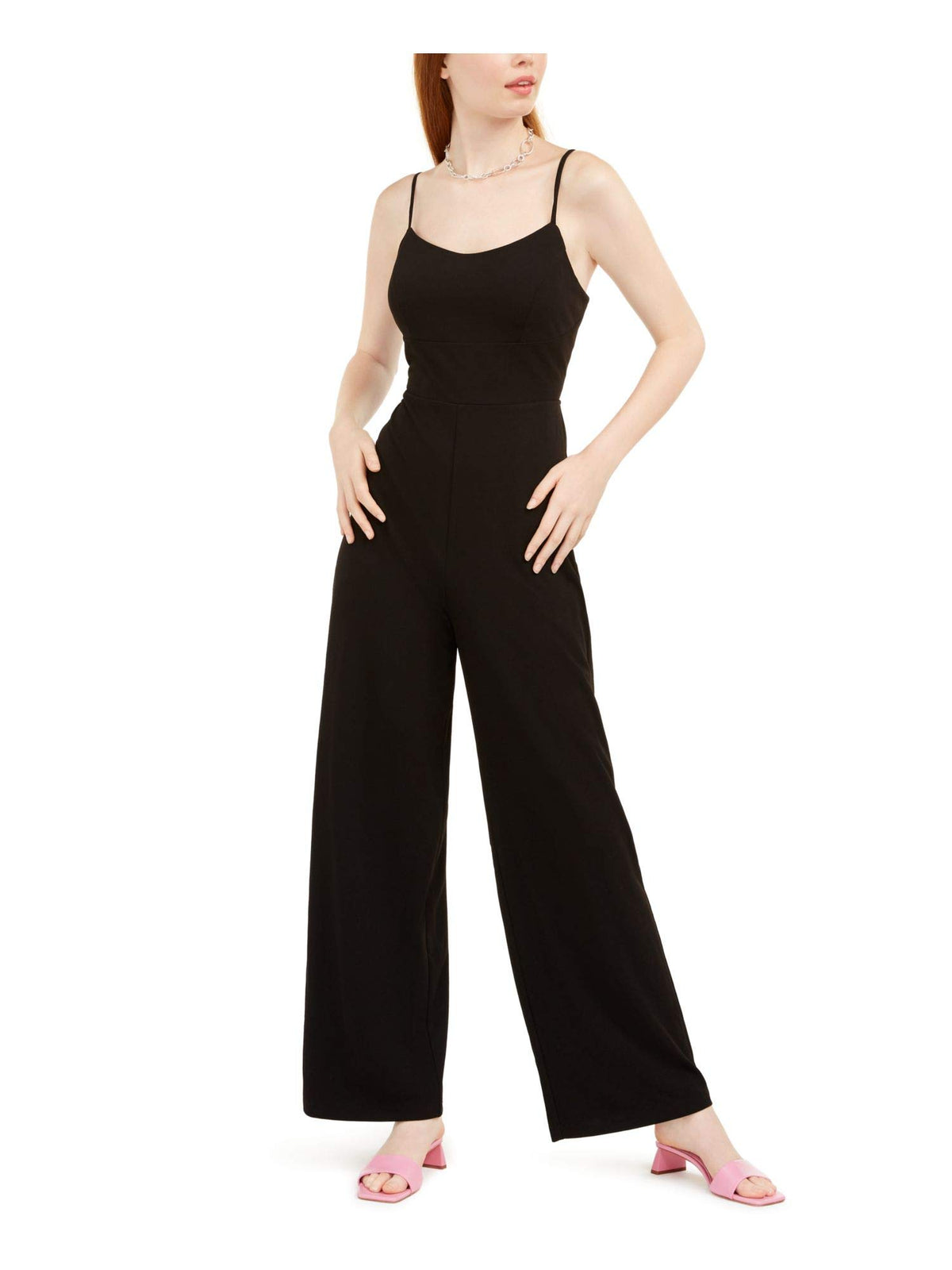 Teeze Me Womens Juniors Lace-Up Back Scoop Neck Jumpsuit Black 1